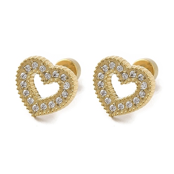 304 Stainless Steel with Rhinestone Stud Earrings for Women, Heart, Real 14K Gold Plated, 10x9mm