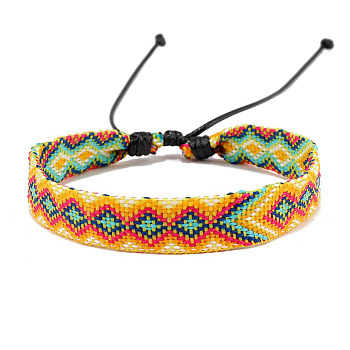 Cotton Braided Rhombus Cord Bracelet, Ethnic Tribal Adjustable Bracelet for Women, Gold, Inner Diameter: 7-1/8~9-7/8 inch(18~25cm)