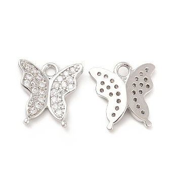 Brass Micro Pave Cubic Zirconia Charms, Butterfly Charm, Clear, 12.5x12.5x2.5mm, Hole: 1.8mm