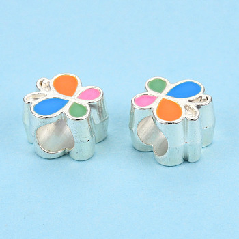 Alloy Enamel European Beads, Large Hole Beads, Cadmium Free & Lead Free, Antique Silver, Butterfly, Colorful, Silver, 10x9.5x7mm, Hole: 4.5mm