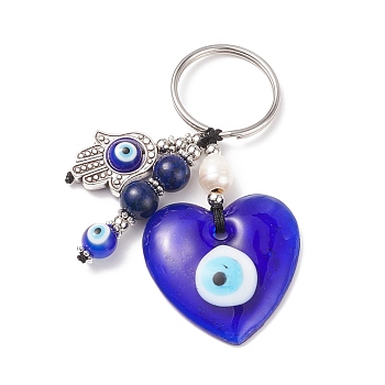 Natural Lapis Lazuli & Freshwater Pearl Bead Keychain, Evil Eye Keychain, with 304 Stainless Steel Findings, Heart Pattern, 7.4cm