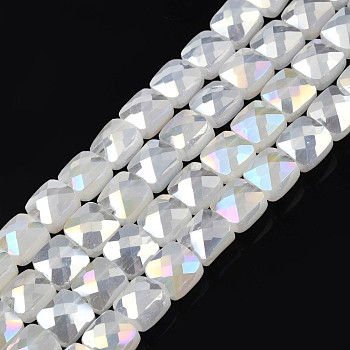Electroplate Opaque Solid Color Glass Beads Strands, AB Color Plated, Faceted, Square, Creamy White, 6.5x6.5x4.5mm, Hole: 1.2mm, about 97~99Pcs/strand, 25 inch(63.5cm)