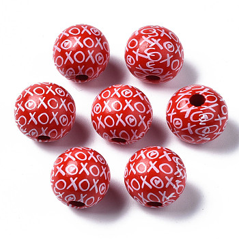 Painted Natural Wood European Beads, Large Hole Beads, Printed, Round, Red, 16x15mm, Hole: 4mm