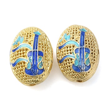 Rack Plating Brass Enamel Beads, Cadmium Free & Lead Free, Oval with Guitar, Real 18K Gold Plated, Long-Lasting Plated, Blue, 19.5~20x14~14.5x10.5m~11.5m, Hole: 1.6mm