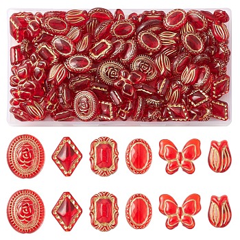 110Pcs 6 Styles Transparent Acrylic Beads, Golden Metal Enlaced, Rhombus & Oval & Flower & Butterfly, Red, 16~22x11.5~20x5~9mm, Hole: 1.5~2mm