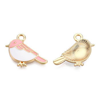 Alloy Charms, with Enamel, Light Gold, Bird, Pink, 15.5x19.5x3mm, Hole: 2mm