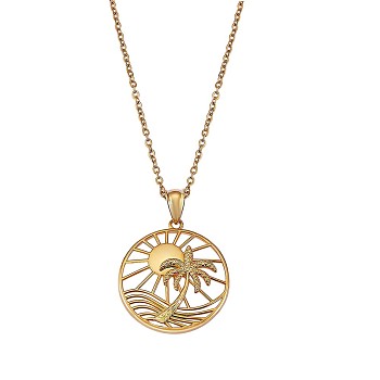 Sun and Coconut Tree Pendant Necklace, Brass Jewelry for Women, Golden, 17.72 inch(45cm)