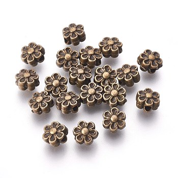 Tibetan Style Beads, Zinc Alloy, Lead Free & Cadmium Free, Antique Bronze Color, Lovely Flower, Great for Mother's Day Gifts making, Size: about 6.5mm in diameter, 4.5mm thick, hole: 1mm
