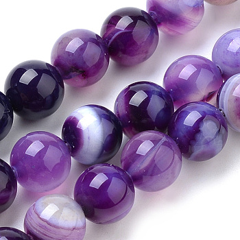 Natural Striped Agate/Banded Agate Beads Strands, Dyed, Round, Blue Violet, 12mm, Hole: 1mm, about 32pcs/strand, 14.96 inch(38cm)