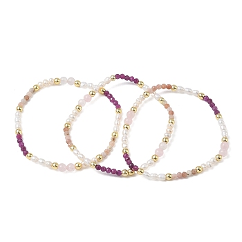 Natural Rhodonite & Rose Quartz & Ruby & Cultured Freshwater Pearl Beaded Stretch Bracelets for Women, Round, with Non-magnetic Synthetic Hematite, Beads: 5mm & 4mm, Inner Diameter: 2.28 inch(5.8cm)
