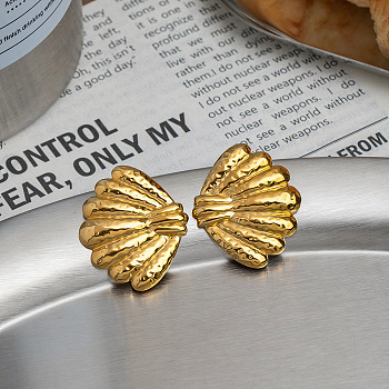 304 Stainless Steel Stud Earrings for Women, Shell Shape, Real 18K Gold Plated, 32x28mm