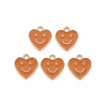Alloy Enamel Charms, Cadmium Free & Lead Free, Light Gold, Heart with Smile, Chocolate, 13x12x1.5mm, Hole: 1.6mm