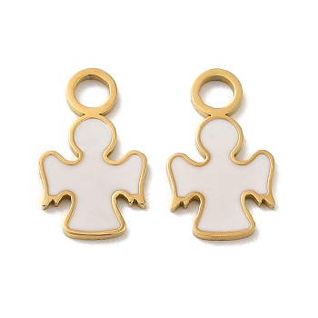 Ion Plating(IP) 316L Surgical Stainless Steel Charms, with Enamel, Real 18K Gold Plated, Angel Charm, White, 14x8x1mm, Hole: 2.5mm