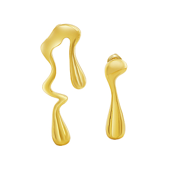 304 Stainless Steel Stud Earrings, Teardrop Asymmetrical Earrings, Real 18K Gold Plated, 38x13mm and 28x8mm