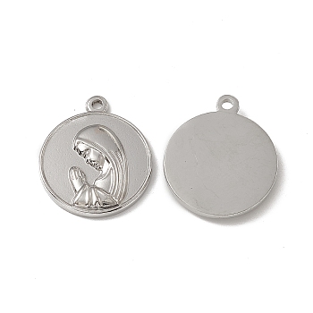 201 Stainless Steel Pendants, Flat Round with Nun Charm, Stainless Steel Color, 23.5x20x3mm, Hole: 2mm