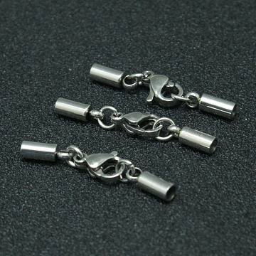 304 Stainless Steel Tube Cord Ends, with Lobster Claw Clasps, Stainless Steel Color, 29mm, Hole: 2mm(X-STAS-I045-49)