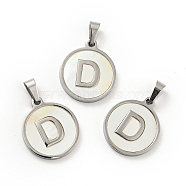 304 Stainless Steel with White Shell Pendants, Stainless Steel Color, Flat Round with Letter Charm, Letter.D, 18x16x1.5mm, Hole: 3x6mm(STAS-G268-01D-P)