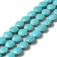 Natural Howlite Beads Strands, Dyed, Faceted, Flat Round, Dark Turquoise, 12x4.5mm, Hole: 1.4mm, about 35pcs/strand, 15.28 inch(38.8cm)(G-C025-07A)