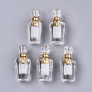 Faceted Natural Quartz Crystal Pendants, Rock Crystal Pendants, Openable Perfume Bottle, with Golden Tone Brass Findings, Bottle, 36x15.5x15mm, Hole: 1.8mm, Bottle Capacity: 1ml(0.034 fl. oz)(G-T131-14H)