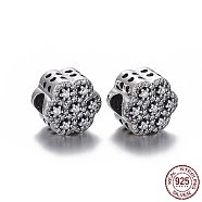 925 Sterling Silver European Beads, Large Hole Beads, with Cubic Zirconia, with 925 Stamp, Flower, Thailand Sterling Silver Plated, 12x9.5mm, Hole: 4mm(OPDL-L017-016TAS)