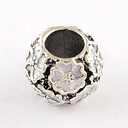 Antique Silver Plated Hollow Flower Pattern Rondelle Tibetan Style Alloy Enamel European Beads, Large Hole Beads, White, 10x8~9mm, Hole: 5mm(X-ENAM-Q421-10H)