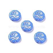 Opaque Acrylic Beads, Metal Enlaced, Flat Round with Flower Pattern, Royal Blue, 17.5~18x5~5.5mm, Hole: 1.8mm, about 399pcs/500g(OACR-G016-27A)