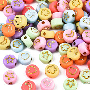 Opaque Mixed Color Acrylic Beads, Metal Enlaced, Flat Round with Golden Star & Flower & Moon & Heart, 7x4mm, Hole: 1.5mm, about 360pcs/50g(X-MACR-T038-10-G)