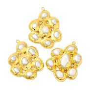 Brass Pendants, Natural Pearl Flower Charms, Long-Lasting Plated, Golden, 45.5~46x35x9.5mm, Hole: 1.8mm(KK-M251-03G)