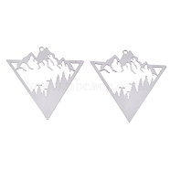 201 Stainless Steel Filigree Pendants, Etched Metal Embellishments, Triangle with Mountain, Stainless Steel Color, 36.5x37x0.3mm, Hole: 1.6mm(X-STAS-S118-029P)