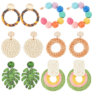 6 Pairs 6 Style Monstera Leaf & Circle Ring Acrylic Stud Earrings with Iron Pins, Rattan Beaded Half Hoop Earrings for Women, Mixed Color, 41.5~61mm, Pin: 0.8~0.9mm, 1 Pair/style(EJEW-AN0001-17)