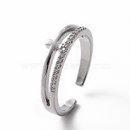 Clear Cubic Zirconia Cross Open Cuff Ring, Brass Jewelry for Women, Platinum, Inner Diameter: 17.8mm(RJEW-G283-08P)