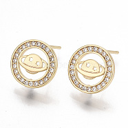 Brass Micro Pave Cubic Zirconia Stud Earring Findings, with Loop, Flat Round with Planet, Nickel Free, Clear, Real 18K Gold Plated, 11.5mm, Hole: 0.9mm, Pin: 1mm(KK-S356-058-NF)