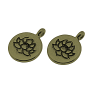 Tibetan Style Alloy Pendants, Flat Round with Lotus, Cadmium Free & Nickel Free & Lead Free, Antique Bronze, 20x15x4.5mm, Hole: 1.5mm(X-TIBE-S301-015AB-NR)