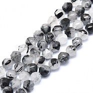 Natural Black Rutilated Quartz Beads Strands, Faceted, Round, 8mm, Hole: 1.2mm, about 46~48pcs/strand, 15.59 inch(39.6cm)(G-F715-007)