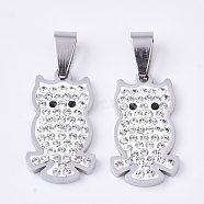 201 Stainless Steel Pendants, with Random Size Snap On Bails and Polymer Clay Crystal Rhinestones, Owl, Stainless Steel Color, 24x14x3mm, Hole: 8~10x3~5mm(STAS-N089-18P)