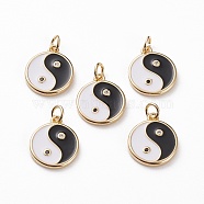 Brass Micro Pave Black & Clear Cubic Zirconia Findings Pendants, with Enamel & Jump Rings, Flat Round with Yin Yang Pattern, Real 18K Gold Plated, 15x13x2mm, Jump Ring: 5x1mm, 3mm Inner Diameter(KK-C100-08G)