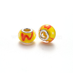 Handmade Lampwork European Beads, Large Hole Rondelle Beads, with Platinum Tone Brass Double Cores, with Alphabet Pattern W, Yellow, 14~16x9~10mm, Hole: 5mm(LPDL-N001-060-F07)
