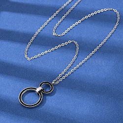 304 Stainless Steel Jet Rhinestone Double Rings Pendant Necklaces, Stainless Steel Color, 18.15 inch(46.1cm)(NJEW-V001-04P)