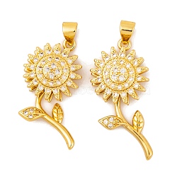 Brass Micro Pave Cubic Zirconia Pendants, Real 18K Gold Plated Sunflower Charms, Clear, 28x14x6mm, Hole: 5x3.5mm(KK-E108-39G)