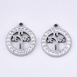 201 Stainless Steel Pendants, for Easter, with Polymer Clay Crystal Rhinestone, Flat Round with Jesus, Stainless Steel Color, 17x15x2mm, Hole: 1.6mm(STAS-N091-24P)