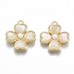 Rack Plating Alloy Pendants, with ABS Plastic Imitation Pearl and Cat Eye, Cadmium Free & Lead Free, Clover, Light Gold, Camellia, 19.5x17x4.5mm, Hole: 1.5mm(PALLOY-S132-214D-RS)