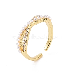 Brass Micro Pave Cubic Zirconia Open Rings, Infinity with Plastic Imitation Pearl Cuff Rings for Women, Real 18K Gold Plated, 2.5~5mm, Inner Diameter: US Size 6 3/4(17mm)(RJEW-J017-VC197)