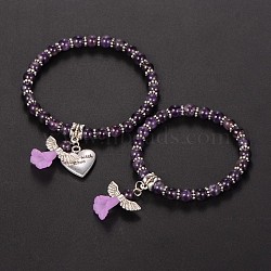 Mother daughter Jewelry, Amethyst Beaded Acrylic Charm Bracelets, with Tibetan Style Alloy Beads and Heart Pendants, Lovely Wedding Dress Angel Dangle, Antique Silver, 48mm & 58mm(X-BJEW-JB01794-05)