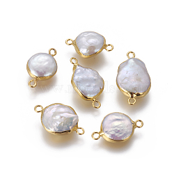 Natural Pearl Links connectors, with Brass Findings, Nuggets, Golden, 20~25.5x12~15x5.5~8mm, Hole: 1.8mm(PEAR-F011-25G)