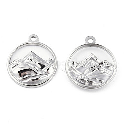 201 Stainless Steel Pendants, Flat Round with Mountain Charm, Stainless Steel Color, 24x20x3mm, Hole: 1.8mm(STAS-N098-141P)