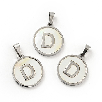 304 Stainless Steel with White Shell Pendants, Stainless Steel Color, Flat Round with Letter Charm, Letter.D, 18x16x1.5mm, Hole: 3x6mm
