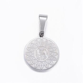 304 Stainless Steel Pendants with 201 Stainless Steel Clasp, Flat Round with San Benito, Stainless Steel Color, 17x15x1mm, Hole: 8x4mm