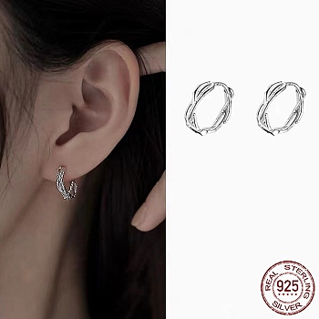 Twisted Rhodium Plated 925 Sterling Silver Small Huggie Hoop Earrings, Exquisite Minimalist Earrings for Girl Women, Platinum, 14.5x3.5mm, Pin: 0.8mm