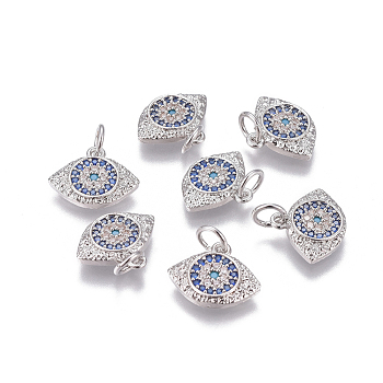 Brass Micro Pave Cubic Zirconia Charms, Eyes, Colorful, Platinum, 11x13x2mm, Hole: 3.5mm