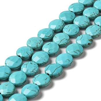Natural Howlite Beads Strands, Dyed, Faceted, Flat Round, Dark Turquoise, 12x4.5mm, Hole: 1.4mm, about 35pcs/strand, 15.28 inch(38.8cm)